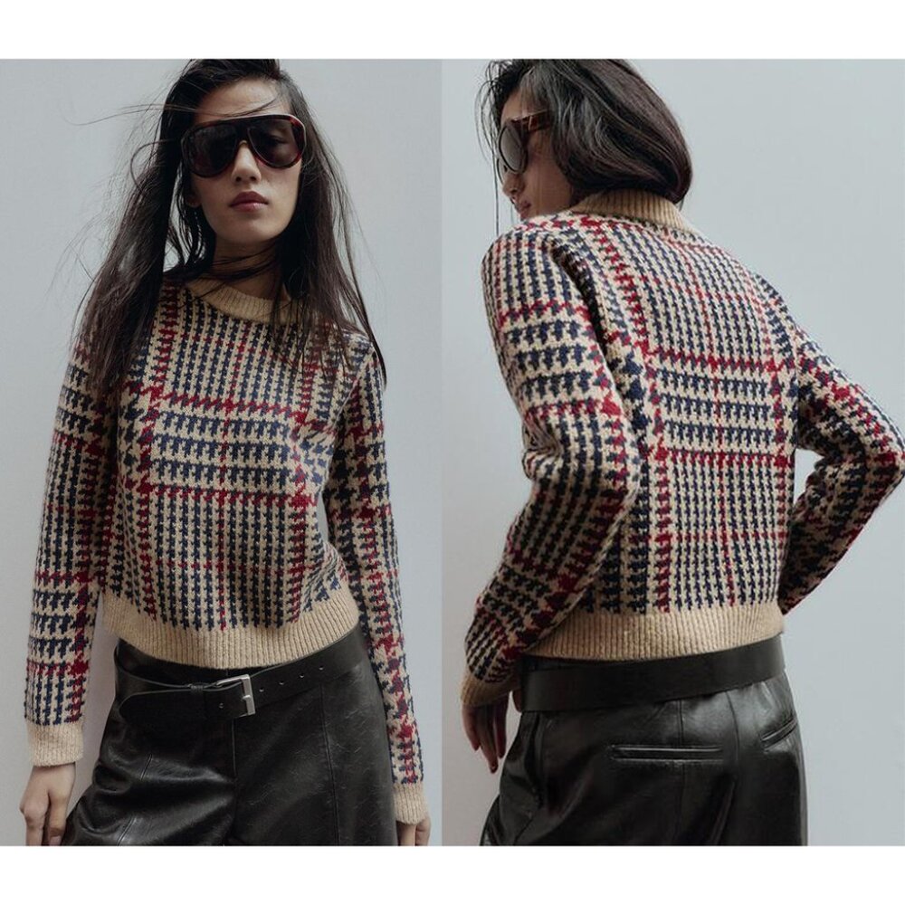 NEW ZARA houndstooth wool jumper sweater 0021